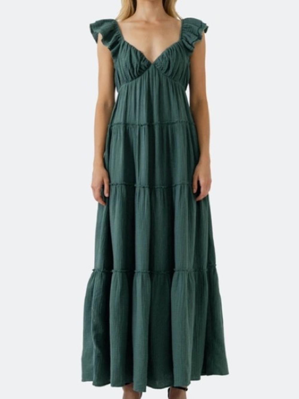 Free the Roses Deep Green Tiered Maxi Dress with Ruffle Sleeves